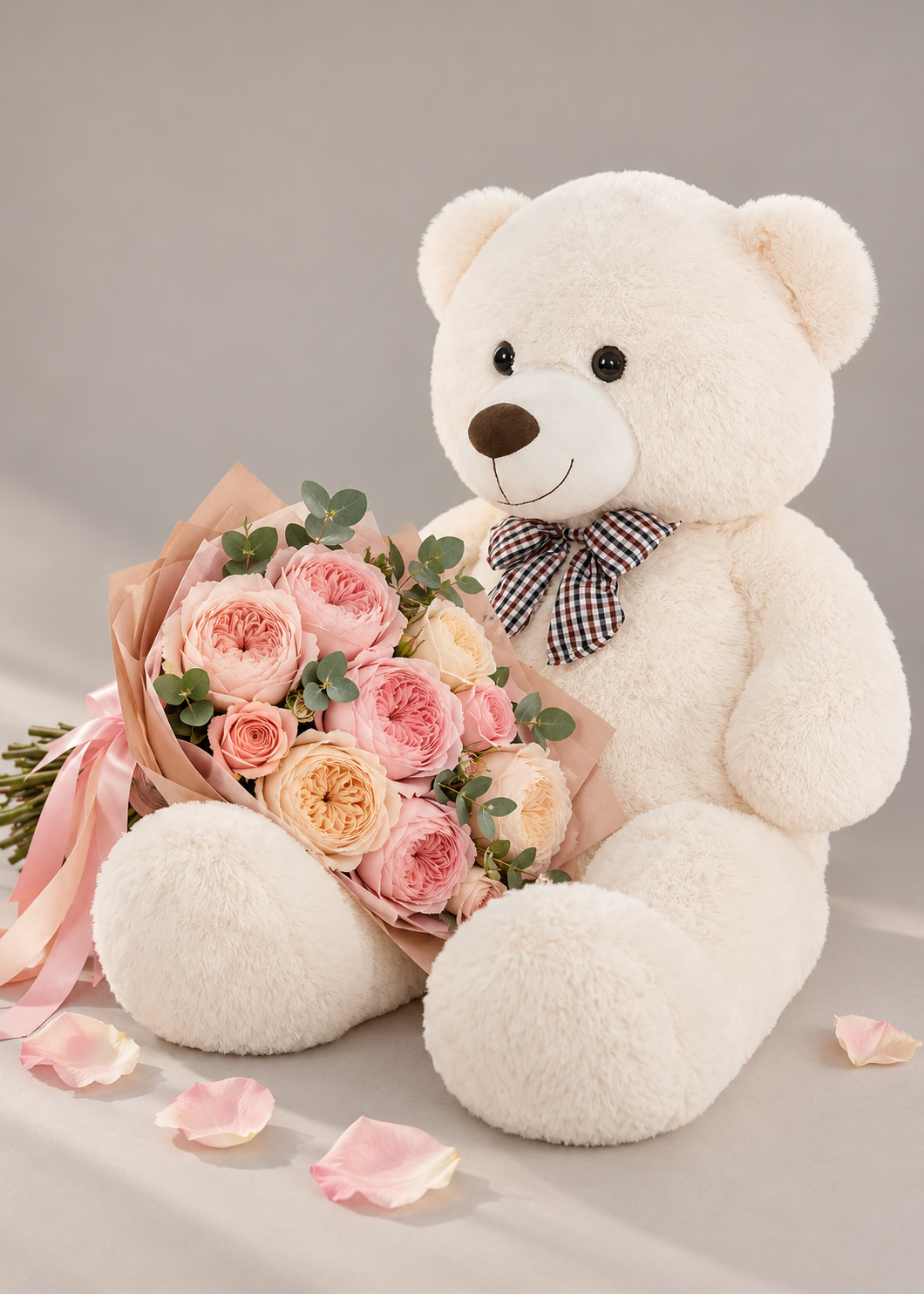 Cream teddy bear 39 inch with a pink rose bouquet