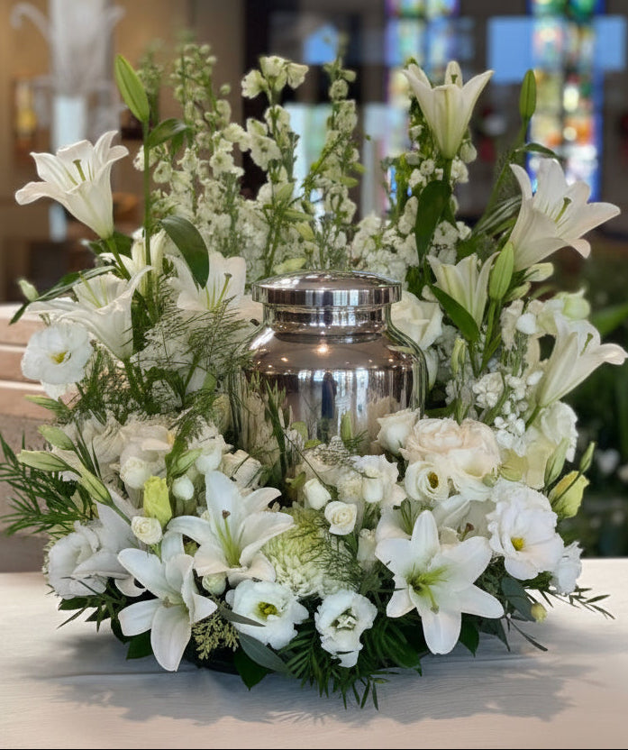 Sympathy Cremation Wreath in White