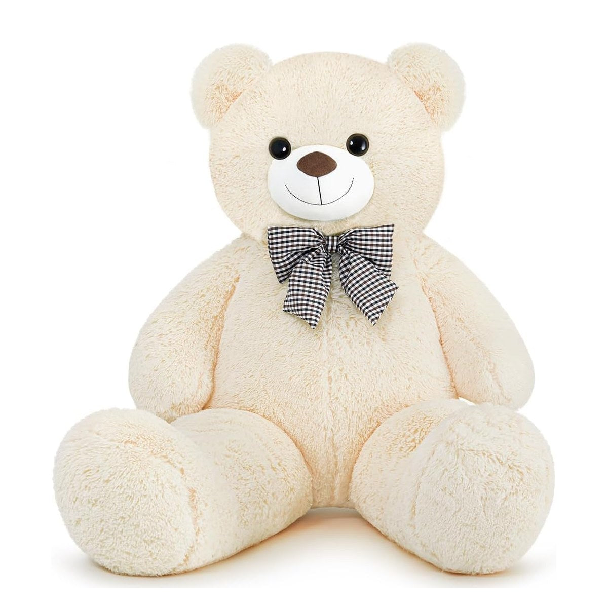 Giant cream teddy bear 47 inch with checkered bow tie